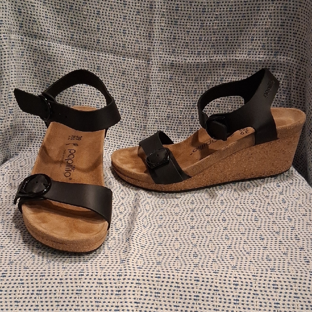 Birkenstock Papillio Soley Black Leather Wedge Sandals with Cork Sole Size 39